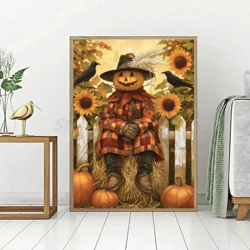 A painting featuring a smiling Jack-o'-lantern dressed in plaid, surrounded by autumn leaves and pumpkins.