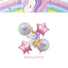 Five iridescent pink and purple unicorn-themed balloons for a birthday celebration