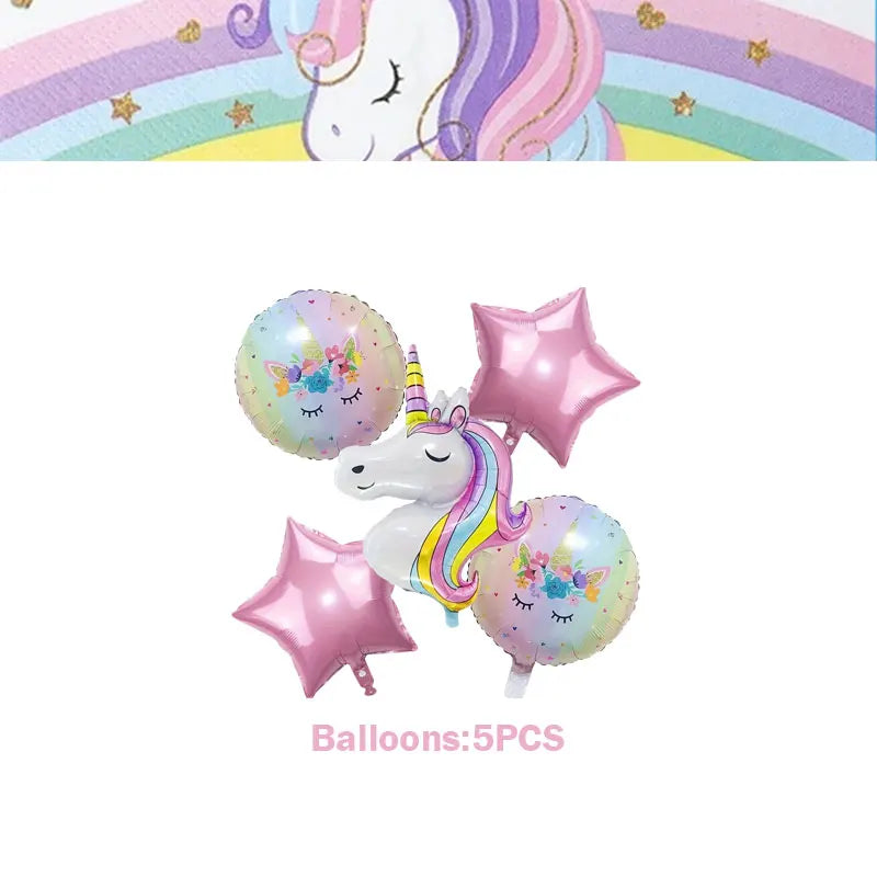 Five iridescent pink and purple unicorn-themed balloons for a birthday celebration