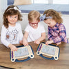 Three children are using a blue magnetic drawing board for creative learning and sketching.