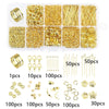 A collection of gold-colored jewelry making supplies including wire, beads, findings, and tools organized in a plastic case.