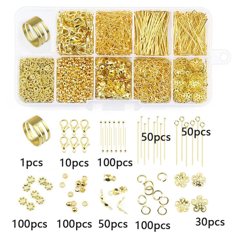 A collection of gold-colored jewelry making supplies including wire, beads, findings, and tools organized in a plastic case.