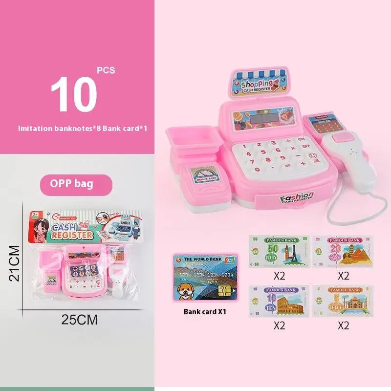 Pink interactive cash register toy with lights and sounds for kids, packaged with imitation bank cards.