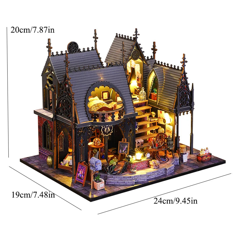 A detailed wooden miniature castle dollhouse kit featuring architecture, furniture, and illuminated elements.