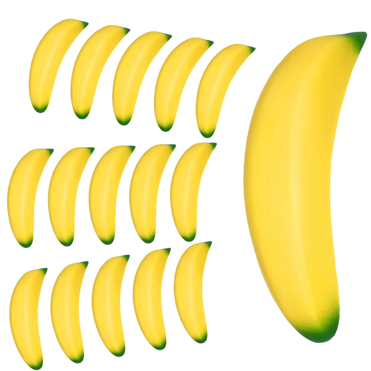 A set of yellow banana-shaped stress relief toys arranged in a row and a single large banana toy.