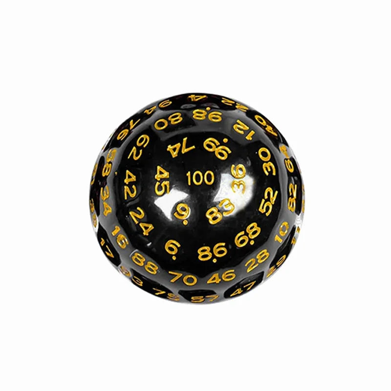 A black 100-sided acrylic polyhedral die showing numbered faces.