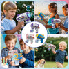 Children playing with an automatic bubble machine gun and various bubble toys outdoors.