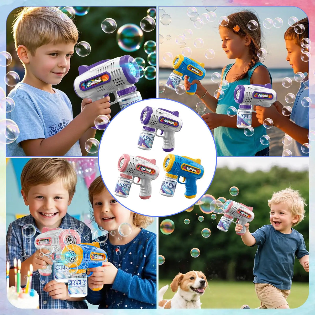 Children playing with an automatic bubble machine gun and various bubble toys outdoors.