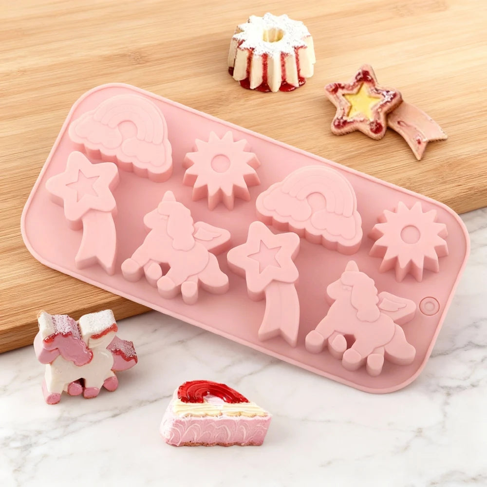 Set de moules en silicone rose aux formes de licorne et d'étoile pour la pâtisserie ou l'artisanat.