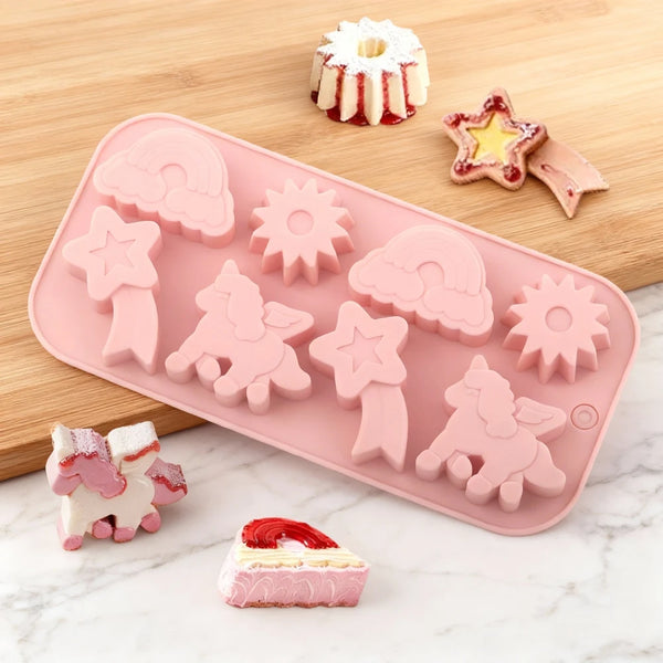 Rosa Silikon-Dessertform-Set mit Einhorn- und Sternformen zum Backen oder Basteln.