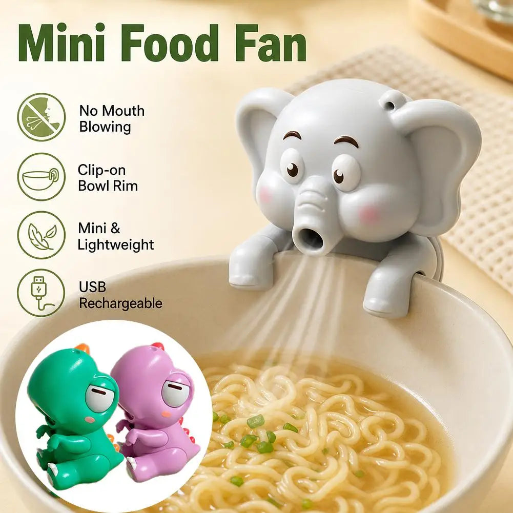 A white elephant-shaped mini food fan is shown above a bowl of noodles, highlighting its features like no mouth blowing and U