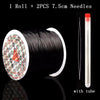 A roll of black elastic beading cord with two 7.5cm needles and a clear tube.