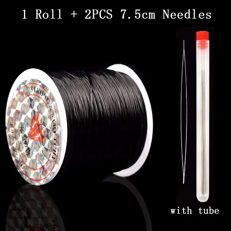 A roll of black elastic beading cord with two 7.5cm needles and a clear tube.