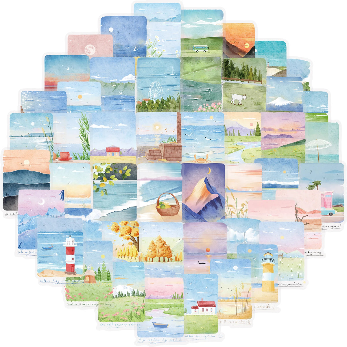 A collage of watercolor stickers depicting various mountain, sea, and landscape scenes.