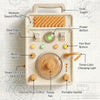 A beige electronic device featuring multiple sound effects, dual toggles, power buttons, and a three-color changing light swi