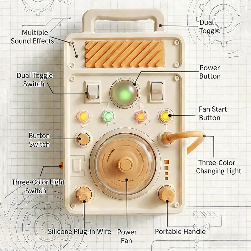 A beige electronic device featuring multiple sound effects, dual toggles, power buttons, and a three-color changing light swi