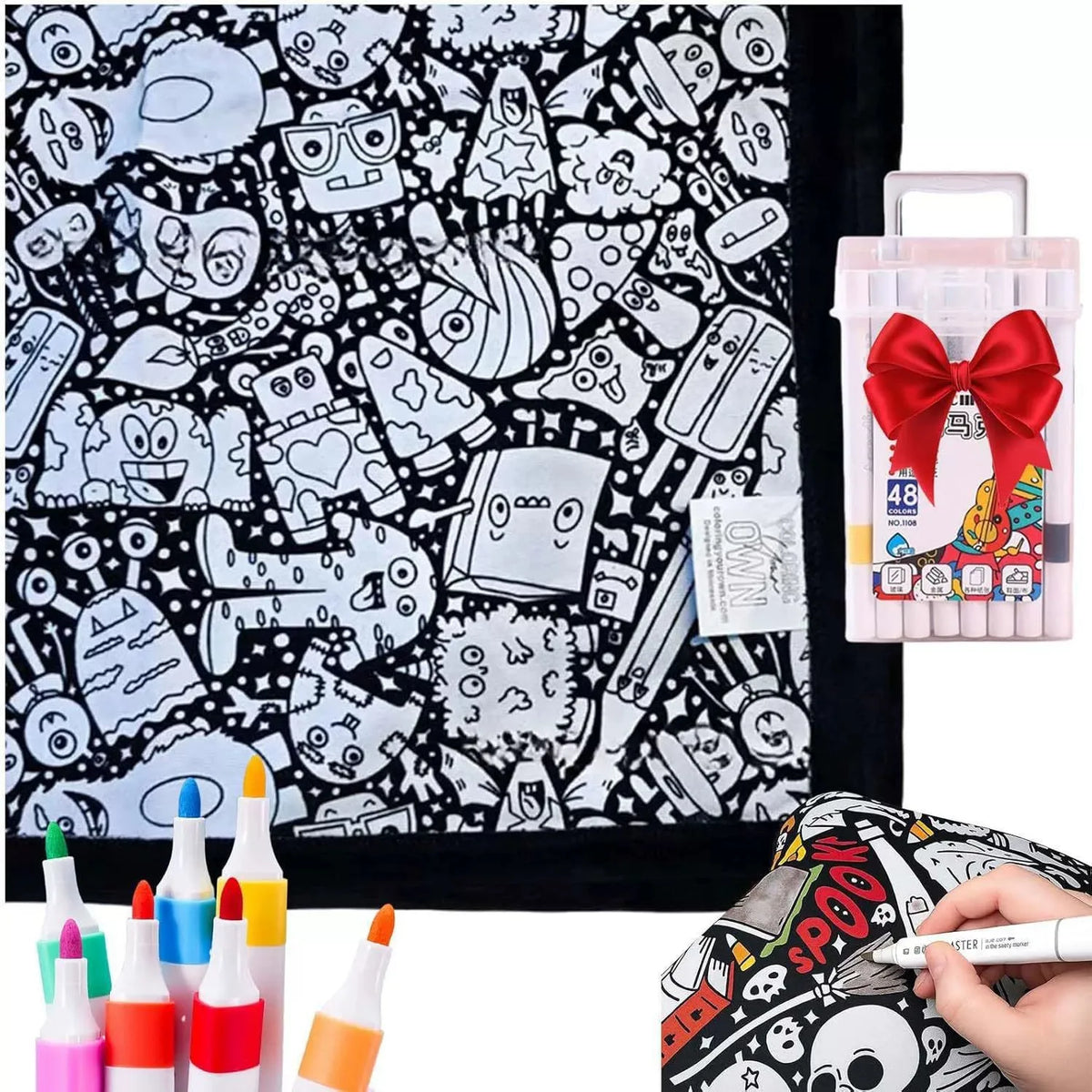 A DIY coloring blanket with 24 markers and a black background featuring various cartoon characters and doodles.
