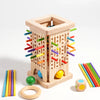 A wooden counting stick and balance toy set with colorful sticks and a wooden block structure.