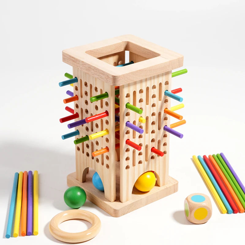 A wooden counting stick and balance toy set with colorful sticks and a wooden block structure.