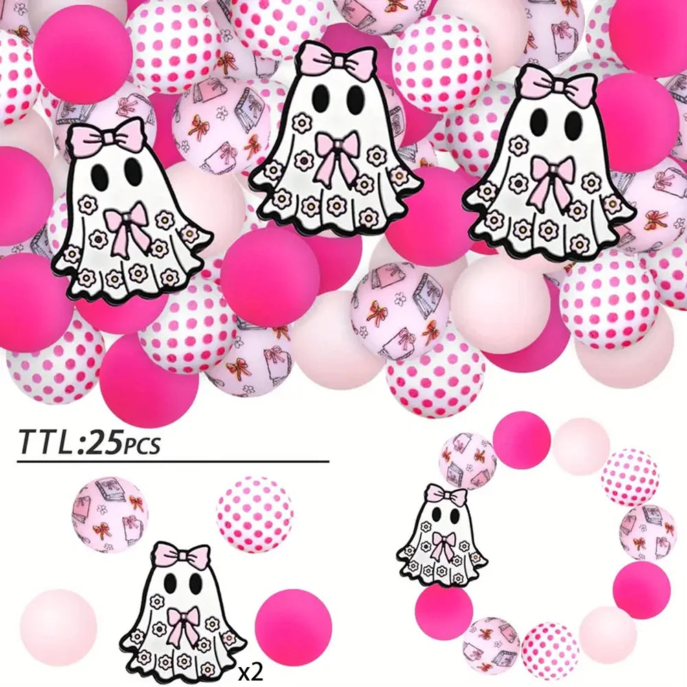A set of 25 pink and white Halloween silicone beads for jewelry and crafting, including ghost shapes.