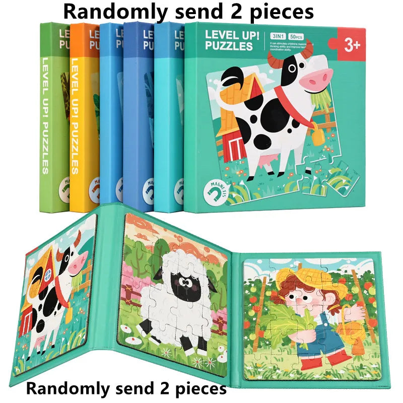 A set of Level Up puzzles featuring animals, fruit, and traffic, packaged in colorful cardboard boxes.