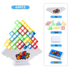 A pile of colorful stacking blocks used for a game, showing various geometric shapes and colors.