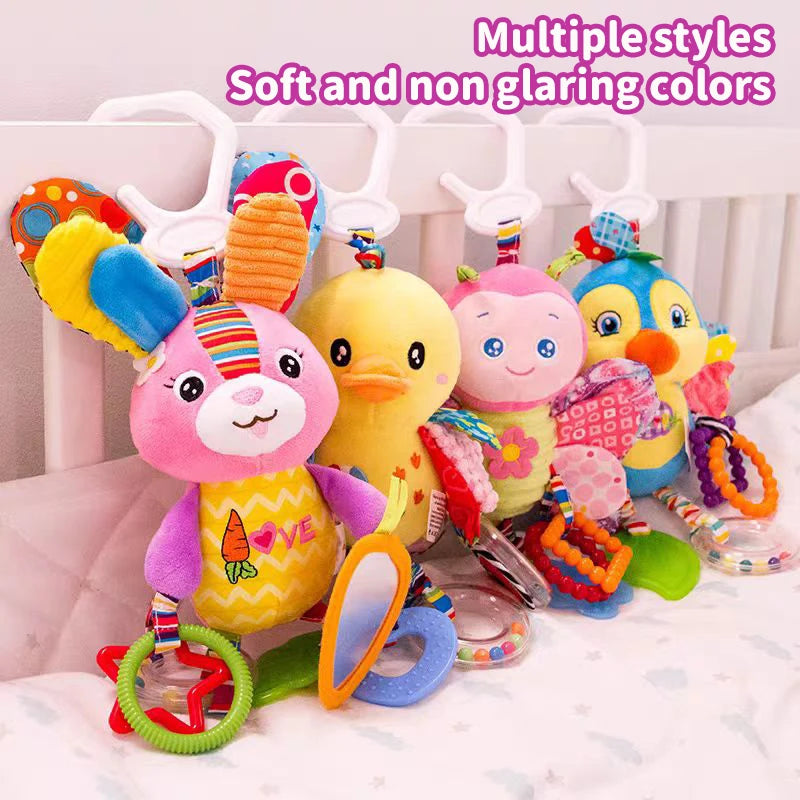 Soft Hanging Baby Rattle with Sensory Cartoon Plush Toy for Stroller and Crib