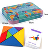 A colorful wooden shapes puzzle set in a box and an example of the puzzle pieces.
