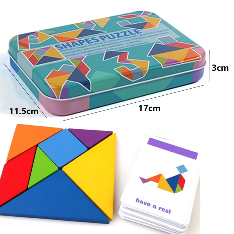 A colorful wooden shapes puzzle set in a box and an example of the puzzle pieces.