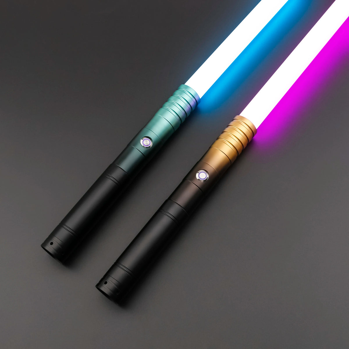 A pair of lightsabers with glowing blue and purple blades and metal handles resting on a dark surface.