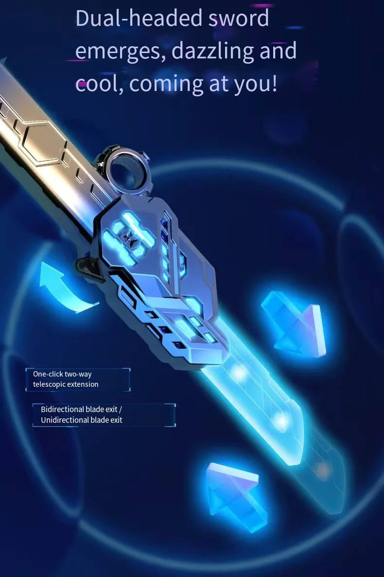 A futuristic LED light-up dual-headed sword toy with a translucent blade and holographic effects.