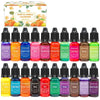 Collection de colorants liquides pour bougies et savons, incluant violet, orange, rose, vert et marron
