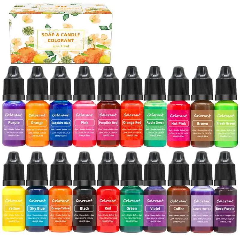 Collection de colorants liquides pour bougies et savons, incluant violet, orange, rose, vert et marron
