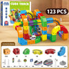 A box of a 123 piece Cube Track building set featuring colorful magnetic tracks and a USB rechargeable train model.