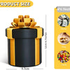 A black and gold nested screw gift box with a bow, shown next to size measurements for money, ring, and candy.