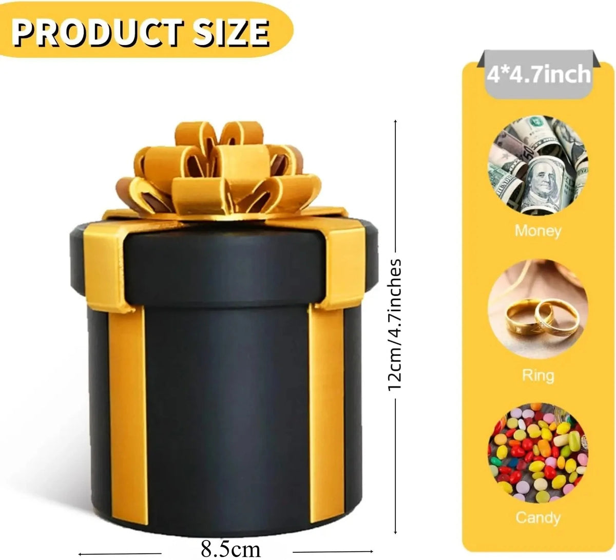 A black and gold nested screw gift box with a bow, shown next to size measurements for money, ring, and candy.