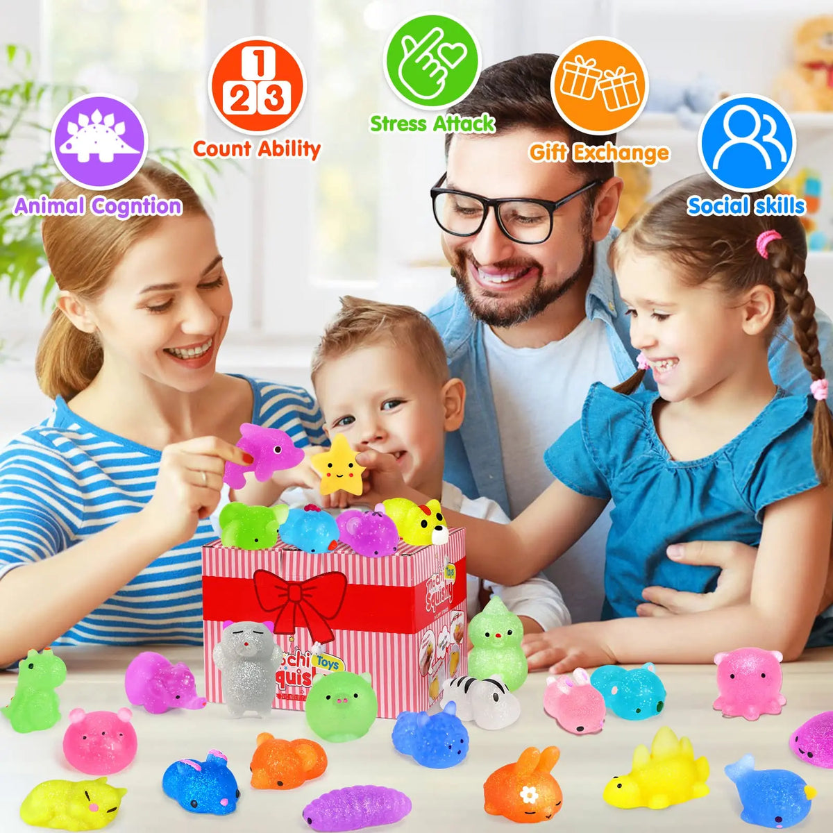 A family is playing with colorful squishy toys and fidget items, including pink, yellow, and blue mochi-shaped figures.
