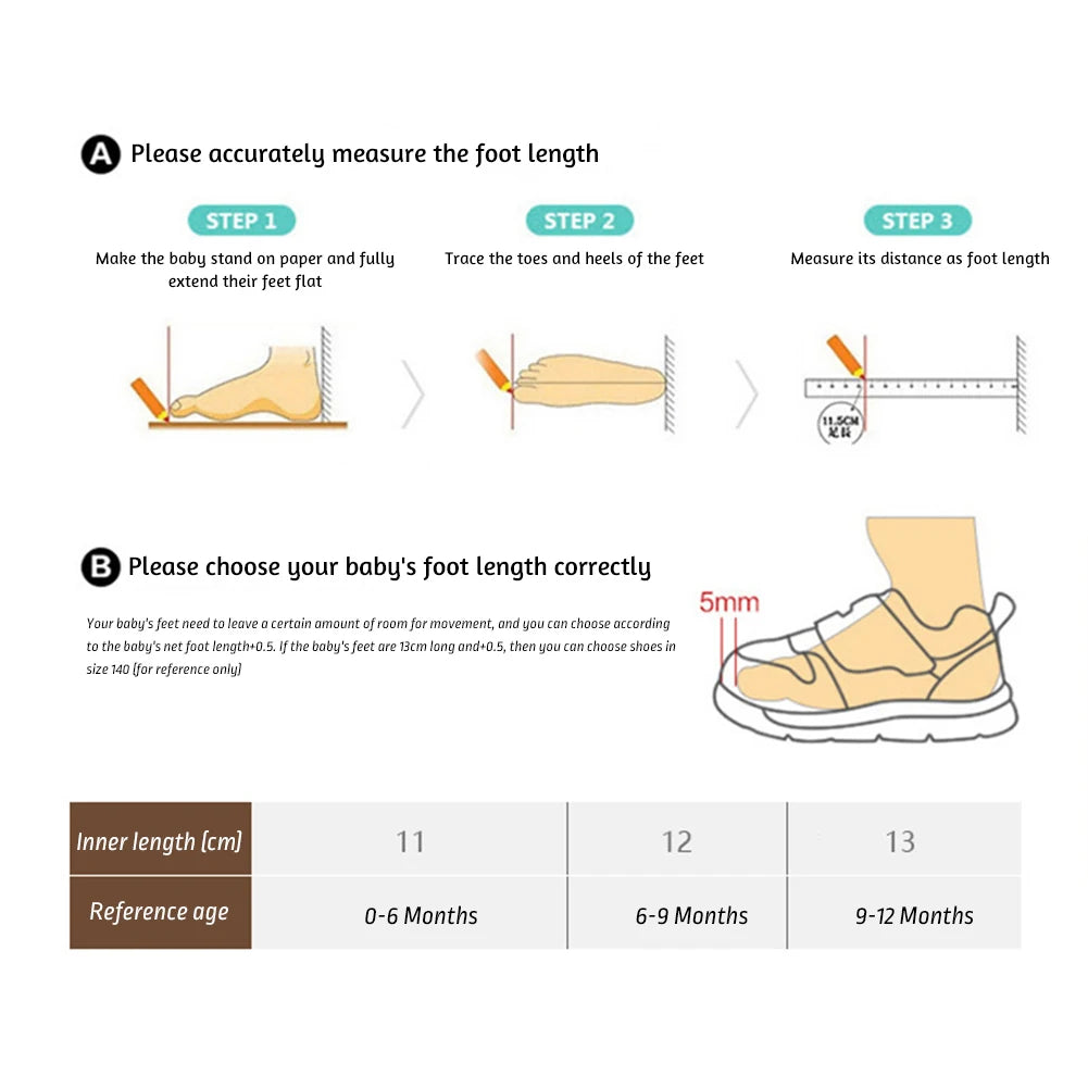 Instructions for measuring a baby's foot length to choose the correct size of soft sole first walker shoes