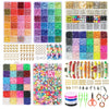 A colorful polymer clay bead kit featuring various colors, shapes, and textures for DIY jewelry making.