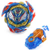 A metal spinning top battle set featuring blue and gold components with a silver emblem and string launcher.