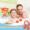 A mother and child are shown using a parent child bath toy basketball hoop set with three orange balls in a bathtub.