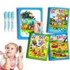 A set of colorful water books and a child drawing with paint on her fingers.