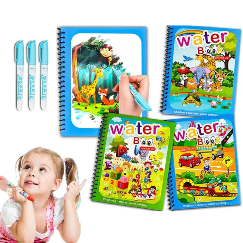 A set of colorful water books and a child drawing with paint on her fingers.