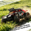 A red and black 1:18 scale high-speed off-road RC monster truck driving through grass.
