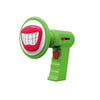A bright green voice changer toy with a red mouth opening and an electronic switch.