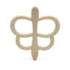 A beige silicone butterfly teether with a textured, segmented design.