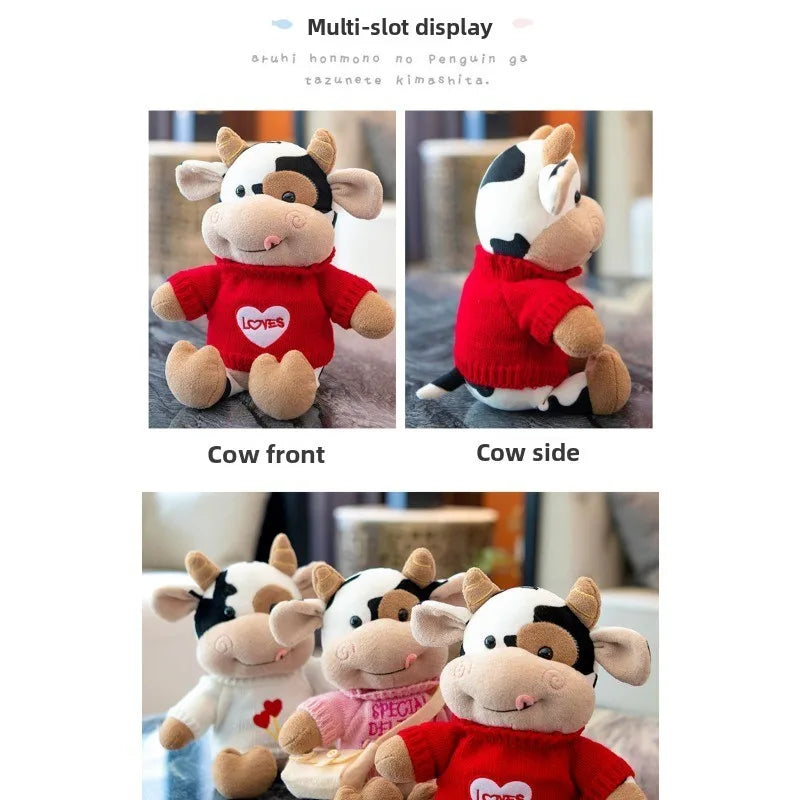 A multi-slot display of adorable soft cow plush toys showing the front and side views.