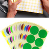 A collection of multi-size and multi-color round dot stickers in various shades including blue, red, green, yellow, and pink.