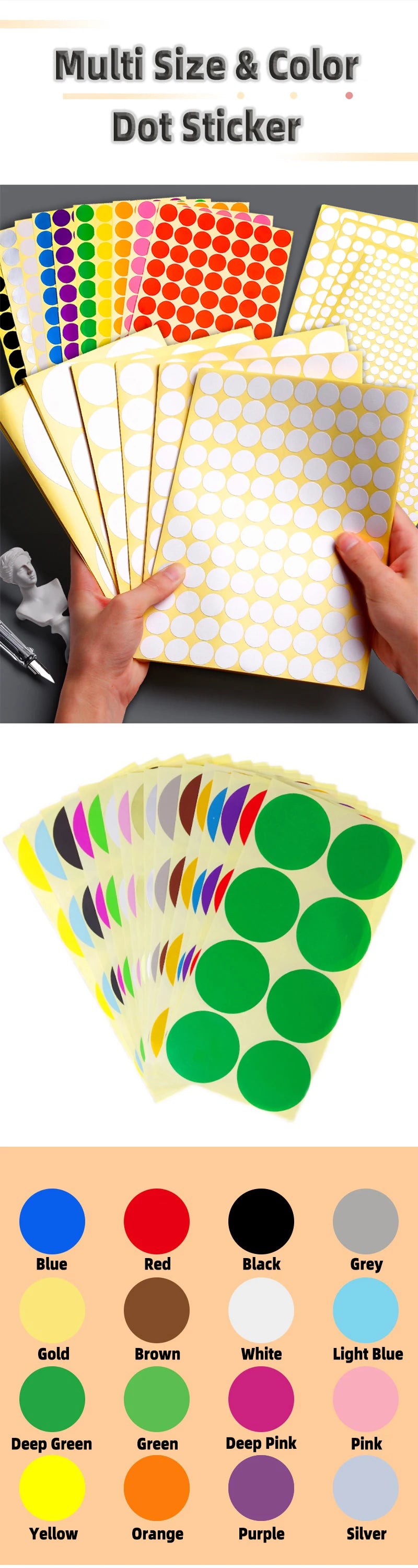 A collection of multi-size and multi-color round dot stickers in various shades including blue, red, green, yellow, and pink.