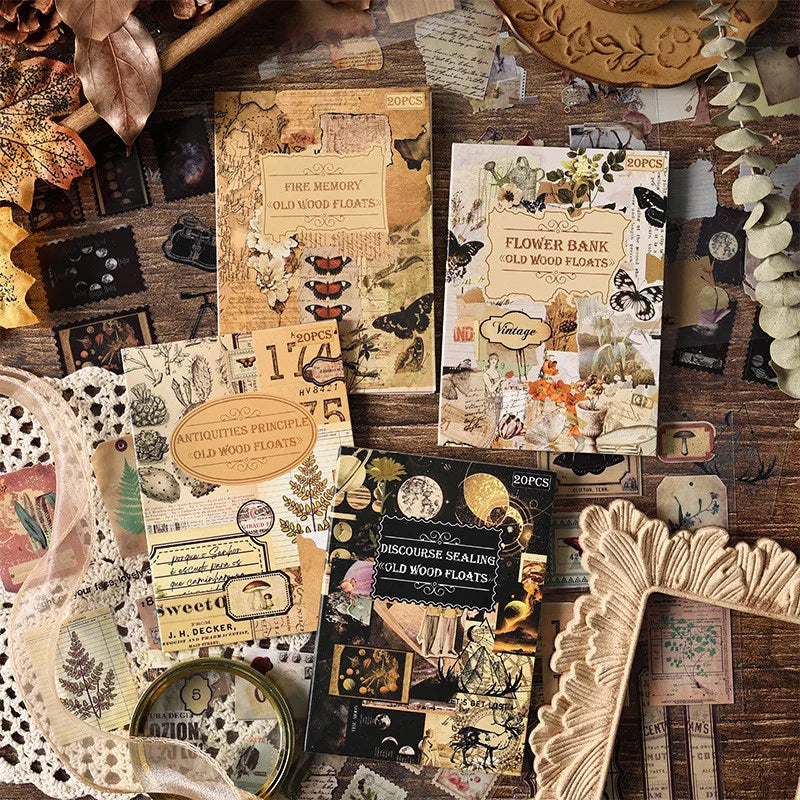 A collection of vintage PET sticker sheets for journaling and scrapbooking featuring floral, nature, and antique designs.